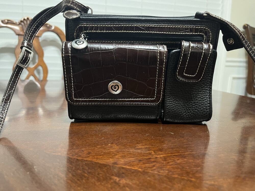 Brighton Organizer Purse Crossbody Blk Leather With Brown Leather Accents EUC
